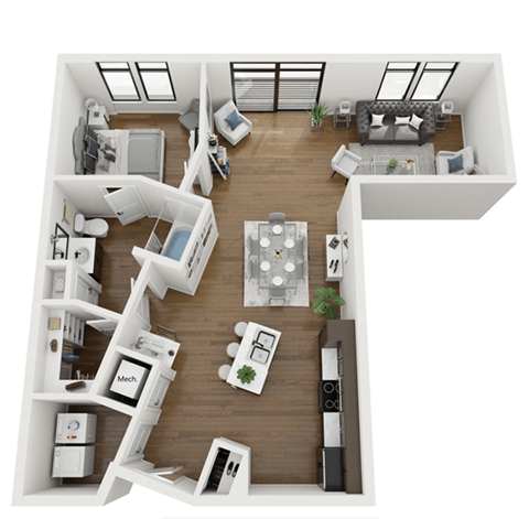 Floor plan for 1 bed, 1 bath, 963 sqft